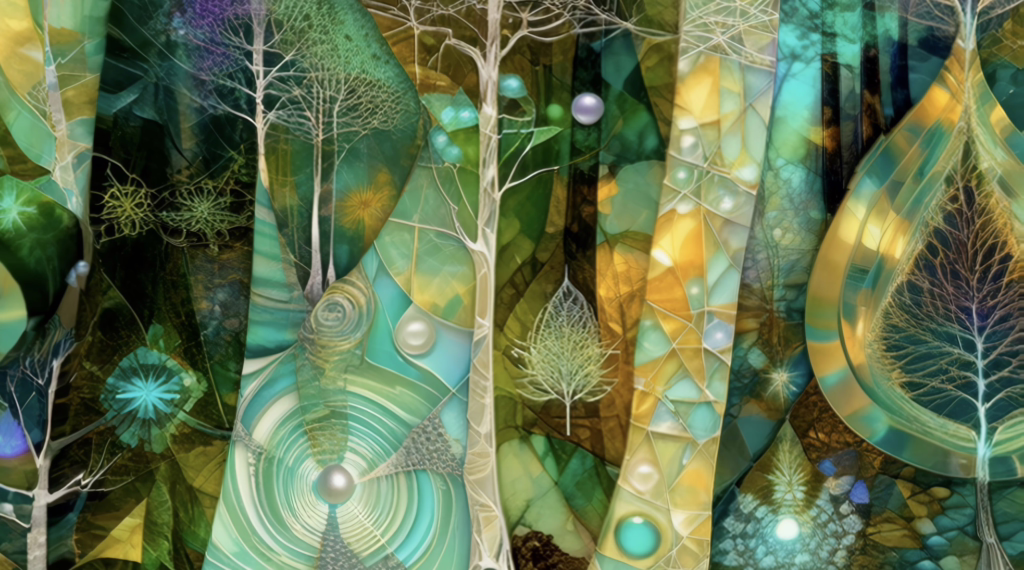 A forest scene transformed into trippy psychedelic art with stained-glass patterns
